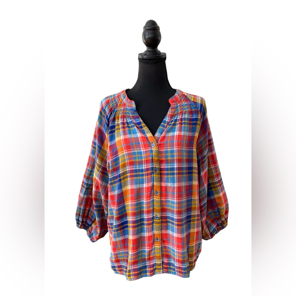 Time and Tru: Orange and Blue Flannel Boho Peasant Tunic Blouse